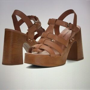 Lucky Brand Imana Leather Tan Chunky Heel Platform Sandals Women’s Size 10